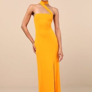 Lulus Seraphina Golden Yellow Asymmetrical Column Maxi Dress - Size S